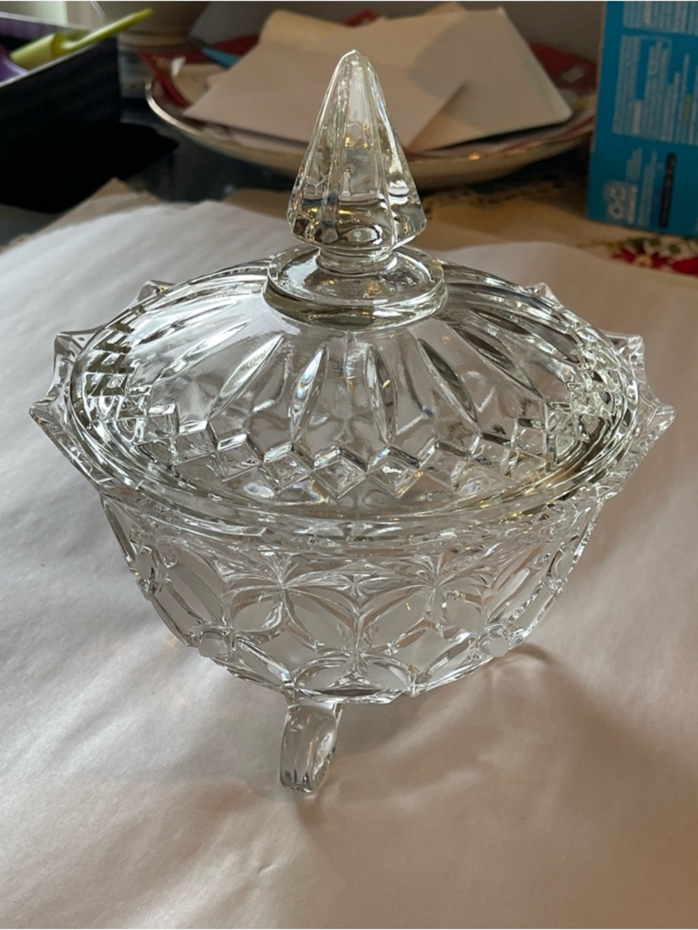 Vintage Lead Crystal Footed Candy Dish w/ Finial Lid Etched Floral Design